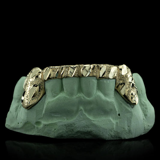 SOLID GOLD NUGGET CUT GRILLZ WITH BRIDGE BAR