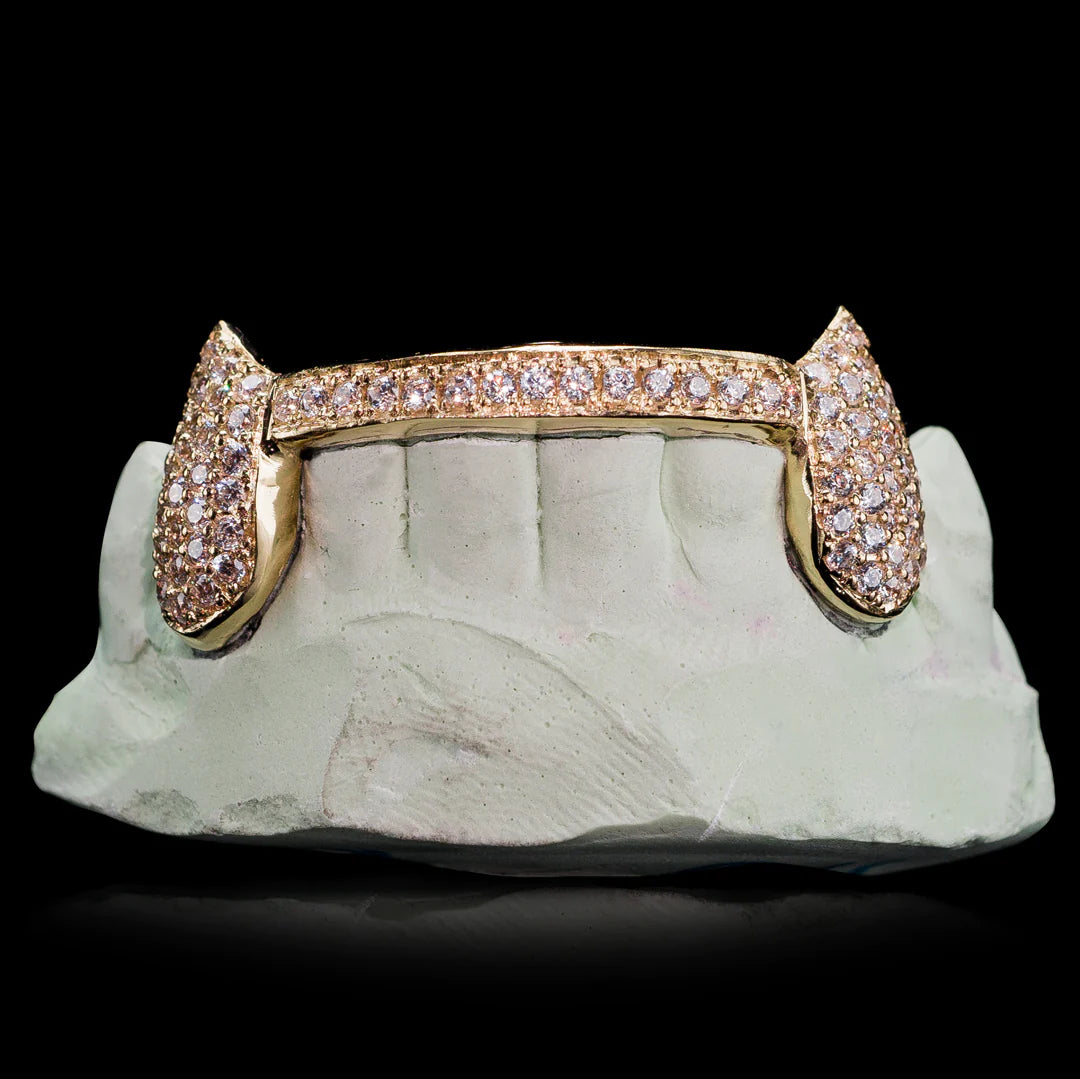 SOLID GOLD DIAMOND ICED GRILLZ WITH BRIDGE BAR