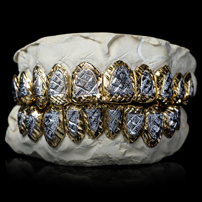 SOLID TWO TONE GOLD DIAMOND CUT WITH DIAMOND DUST GRILLZ