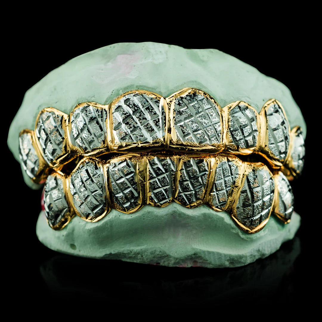 SOLID TWO TONE GOLD DIAMOND CUT WITH DIAMOND DUST GRILLZ